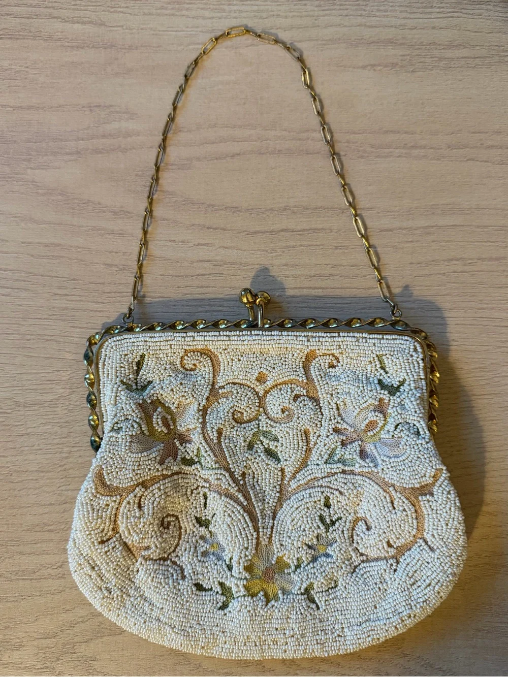 Vintage Longchamp Cream Beaded Floral Evening Clutch with Gold Chain